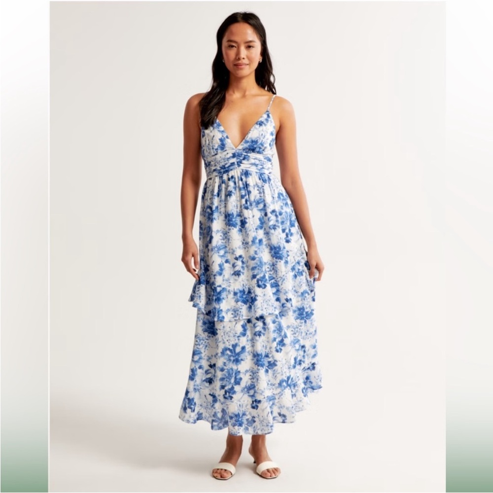 Floral Blue and White Maxi Ruffle Dress